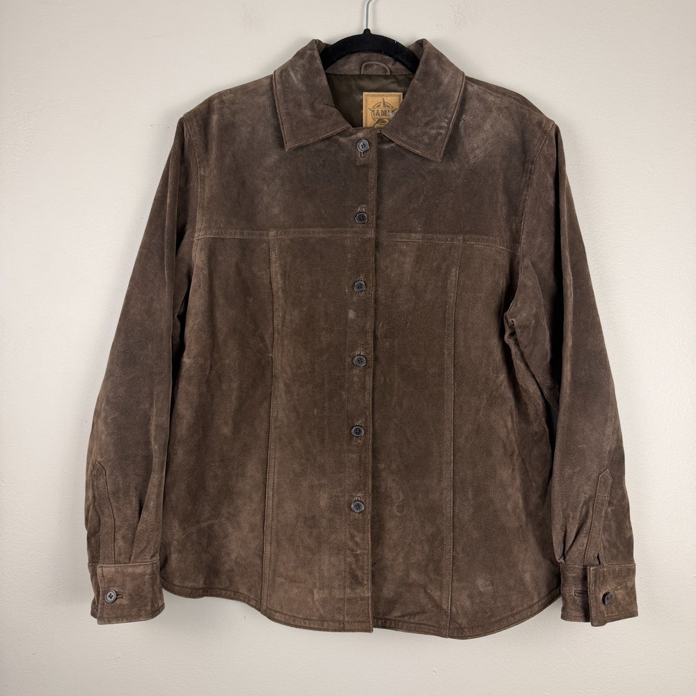 Vintage AMI Suede Leather Jacket Women's Large‎ Brown Long Sleeve Button Front